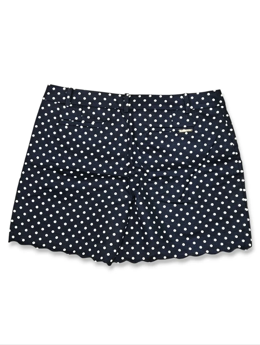 Anne Klein Size 10 Shorts Navy Blue Polka Dot Scalloped Hem Gold Logo Preppy